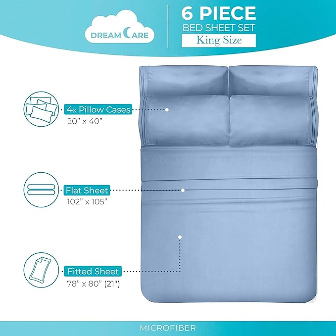 DREAMCARE Queen Sheet Set – 6 pcs Cooling Bed Sheets – up to 21” Deep Pocket Queen Sheets Set – 2500 Supreme Collection – Extra Soft 100% Brushed Microfiber Hotel Luxury with Side Pocket – L Blue