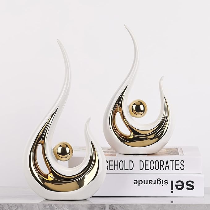 LCCCK 2-Pack Modern Abstract Art Home Decor Accent, Contemporary Statues Coffee Table Decor for Living Room, Dining Room Centerpieces, Ceramic Sculptures and Gold Knick Knacks for TV Stand Decor