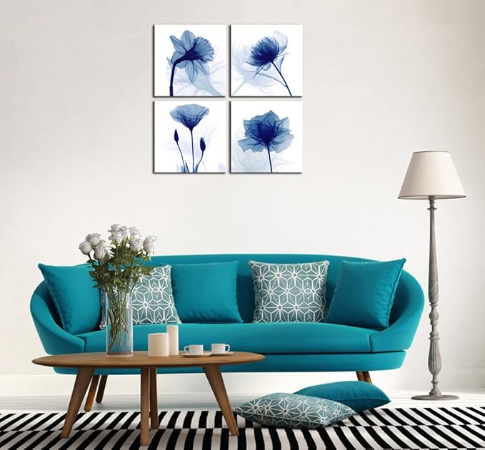 Pyradecor Large Blue Flickering Flower Modern Abstract Paintings Canvas Wall Art Gallery Wrapped Grace Floral Pictures on Canvas Prints 4 Panels Artwork for Living Room Bedroom Office Home Decorations