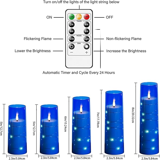 Flameless LED Candles with Timer 5 Pc Flickering Flameless Candles for Romantic Ambiance and Home Decoration Stable Acrylic Shell,with Embedded Star String，Battery Operated Candles（Blue）