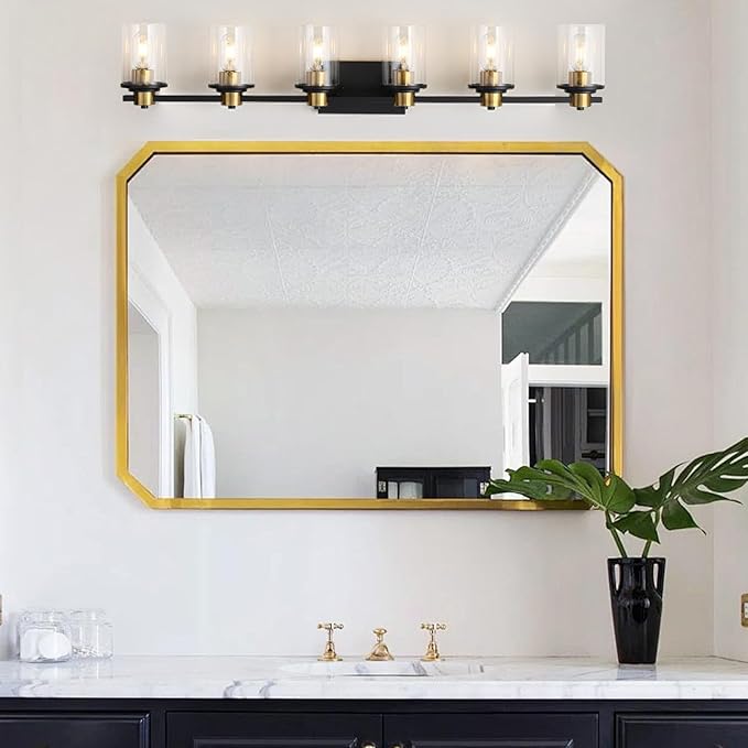 LOUSACE Bathroom Lighting Fixtures Black and Gold 6 Light Bathroom Vanity Light Over Mirror with Clear Glass Shades, Brushed Gold Socket Wall Vanity Lighting Fixtures for Bedroom Living Room
