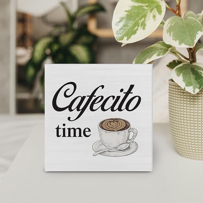 Country Cafecito Time Wood Box Sign Decor Desk Sign Coffee Caffeine Lover Wooden Box Block Sign Rustic Home Kitchen Shelf Tabletop Wall Decoration