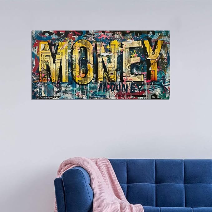 Inspirational Graffiti Money Wall Art Motivational Framed Office Artwork Dollar Bill Canvas Art Ready to Hang-32x16 inch
