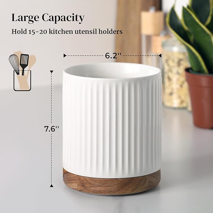 DOWAN 360° Rotating Extra Large Cooking Utensil Holder, 7.6" Kitchen Utensil Holder for Countertop, Utensil Crock for Farmhouse Kitchen Decor, Ceramic Stable Utensil Caddy, White Stripes