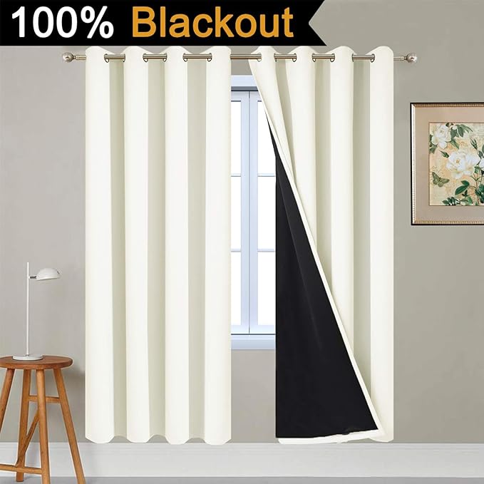 Yakamok 100% Blackout Curtains for Bedroom, Thermal Insulated Double Layer Drapes with Grommet for Living Room, Cream, 2 Panels, W52 x L72