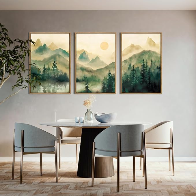 IARTTOP Large Mountain Framed Canvas Wall Art 16x24 Inch Green Foggy Forest Landscape Art Prints Set of 3 Nature woodland Landscape Wall Decor for Living Room Bedroom Office