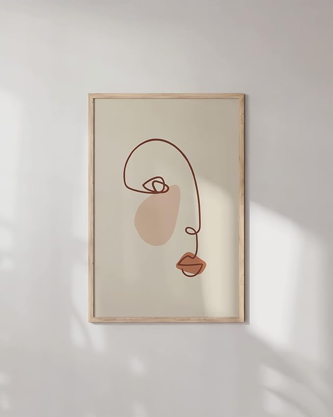 HAUS AND HUES Female Figure Wall Art Line Drawing - Single Line Drawing Wall Art, Minimalist Woman Art Print Line Art Wall Decor Silhouette Lipstick (Beige Frame, 24x36)
