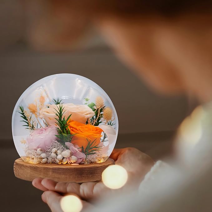 Eternal Flowers for Decoration: Preserved Flowers in Glass Dome, Unique Forever Flowers Gift for Her BBF – Perfect Decorative Flowers for Home Décor - Flowers for Delivery Prime (Champagne)