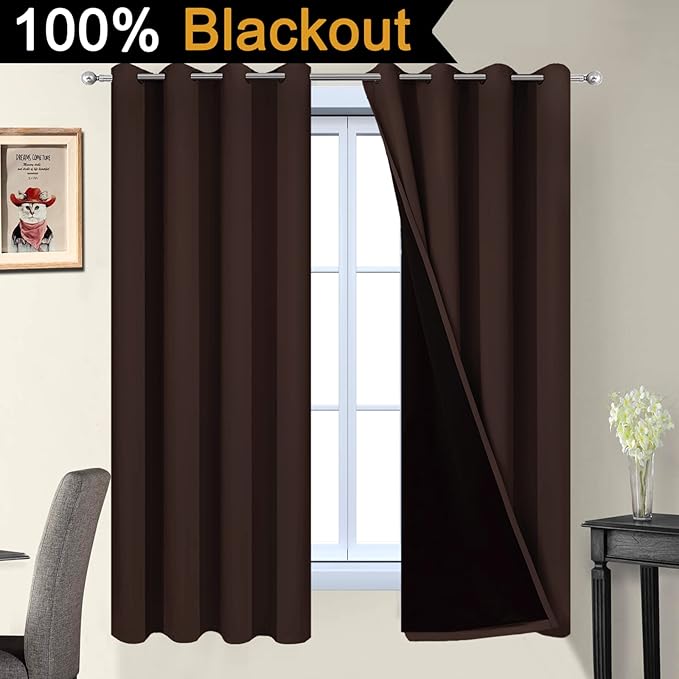 Yakamok Blackout Curtains 63 Inches Long,Blackout Curtain Panels for Bedroom, 2 Thick Layers Grommet Top Thermal Insulated Drapes with Black Liner for Living Room(52Wx63L, Chocolate Brown, 2 Panels)