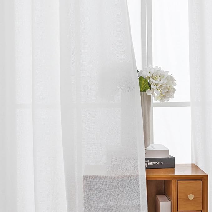 Off White Thick Linen Semi Sheer Pinch Pleated Curtains 102 Inches Long, 50 Inches Width, Elegant Light Filtering Drapes Set of 2, Floor to Ceiling Window Curtain with Hooks