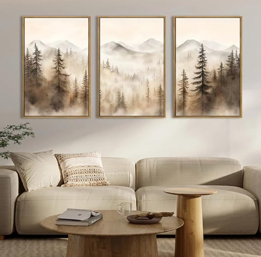 IARTTOP Large Mountain Forest Framed Canvas Wall Art 16x24 Inch Set of 3 Abstract Misty Woodland Painting Modern Farmhouse Art Prints for Living room Dining room