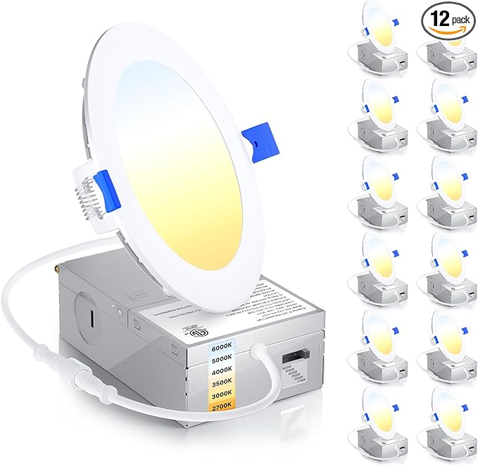 Ensenior 12 Pack 4 Inch Ultra-Thin LED Recessed Light with Junction Box, 2700K-6000K Selectable, 9W 75W Eqv, Dimmable, 750LM High Brightness - ETL Certified