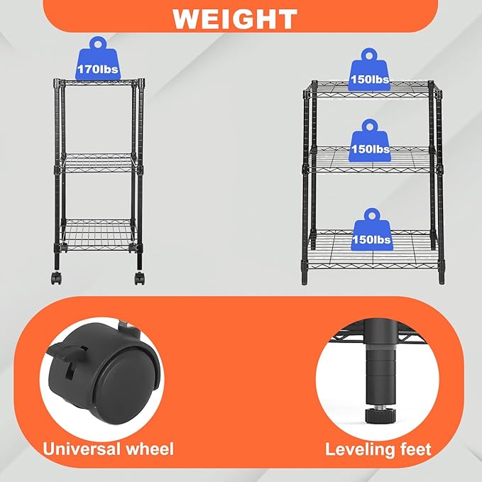 PayLessHere | 3-Tier Wire Shelf with Wheels | 23"x13"x31" | Black | Adjustable Racks | Heavy-Duty Storage Shelves, Holds Upto 170 lbs | Rust-Resistant, No-Tool Assembly | for Home, Garage Shelving
