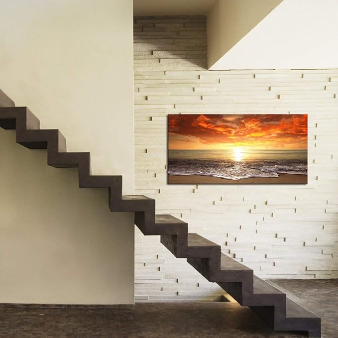 Baisuart-S0162 Canvas Prints Wall Art Sunset Ocean Beach Pictures Photo Paintings for Living Room Bedroom Home Decorations Modern Stretched and Framed Seascape Waves Landscape Giclee Artwork