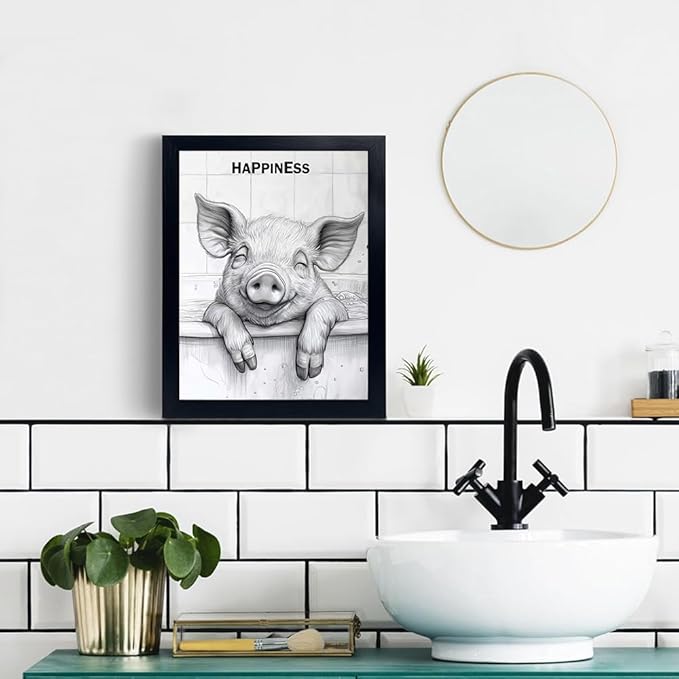 Minimalist Bathroom Wall Decor, Happy Pig Wall Art in Picture Frames, Hilarious, Fun Bathroom Animal Art, Black and White Canvas Prints can be Hung Directly - Frame, 11 "x 14