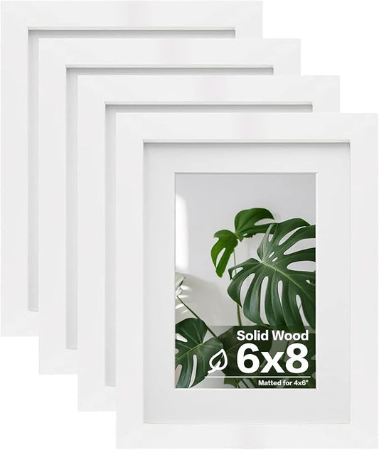Egofine 6x8 Picture Frames Set of 4, Made of Solid Wood Covered by Plexiglass 4x6 and 5x7 with Mat or 6x8 whitout Mat, for Table Top Display and Wall Mounting Photo Frame White