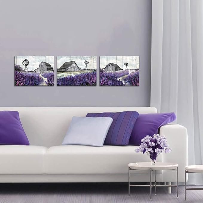 RyounoArt Farmhouse Wall Art Barn Windmill Lavender Pictures Countryside Rural Landscape Canvas Painting Wall Decor Framed Ready to Hang 12 * 16 inches* 3pcs
