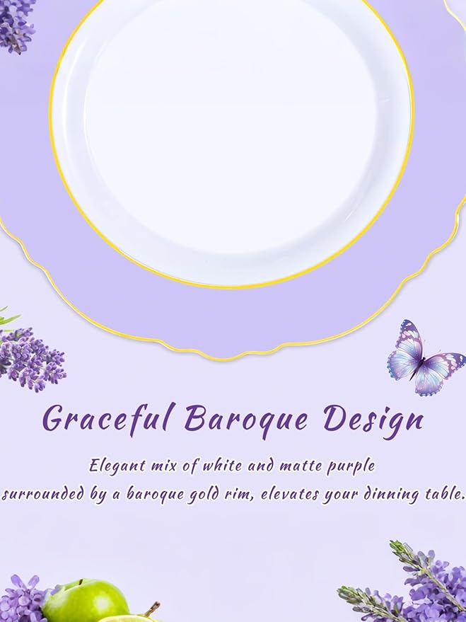 WDF 150Pcs Purple Plates Disposable - Baroque Lavender Purple and Gold Plates - 25Guest Plastic Dinnerware Ideal for Party/Spring/Picnic
