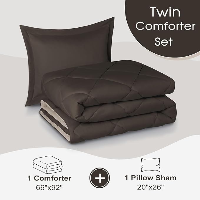 Basic Beyond Twin Comforter and Pillow Sham - Reversible Comforter for All Seasons, Brown/Ivory, 1 Set (66"x92", 20"x26"+2")