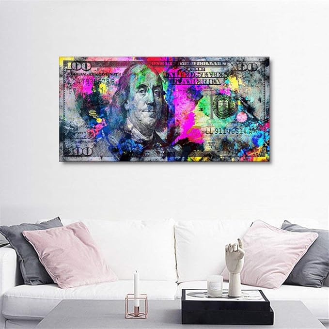 Abstract Creative Money Pop Art Print Contemporary Entrepreneur Inspirational 100 Bill Dollar Giclee Canvas Wall Art Painting Positive Modern Art for Bedroom Dinning Room Frame Easy to Hang-40"Wx20"H