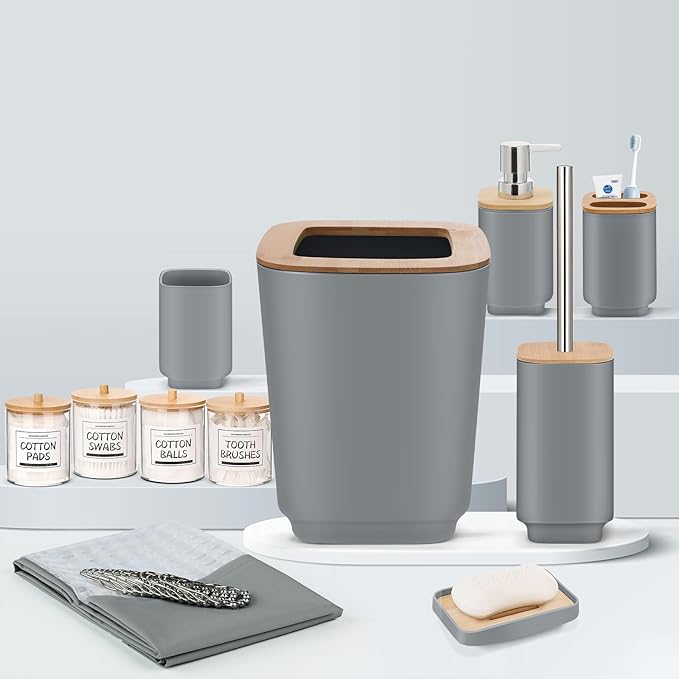 IMAVO Bathroom Accessories Set,Grey Bathroom Set,11 Pieces Bathroom Accessory Set,Trash Can for Bathroom Accessories Décor and Housewarming Gifts