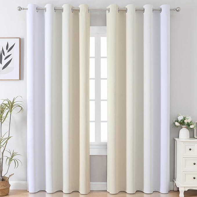 Estelar Textiler Ombre Greyish White and Beige Blackout Curtains & Drapes 96 Inch Length 2 Panels, Gradient Thermal Insulated Full Light Blocking Grommet Blackout Drapes for Bedroom, 52Wx96L