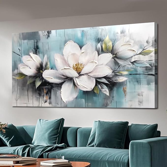 Ardemy Flower Wall Art for Living Room White Floral Canvas Bedroom Painting Magnolia Wildflower Picture Teal Grey Artwork Framed Home Office Dining Room Wall Decor, Extra Large 58"x29"