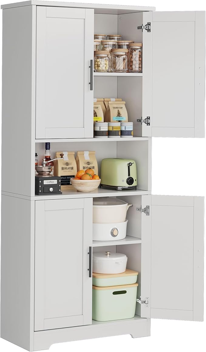 GarveeHome 70 Inch Tall Kitchen Pantry Cabinet, Freestanding Storage Cabinet with 4 Doors and Adjustable Shelves, Utility Hutch Cupboard for Dining Room, Bathroom, Living Room (Style B, White)