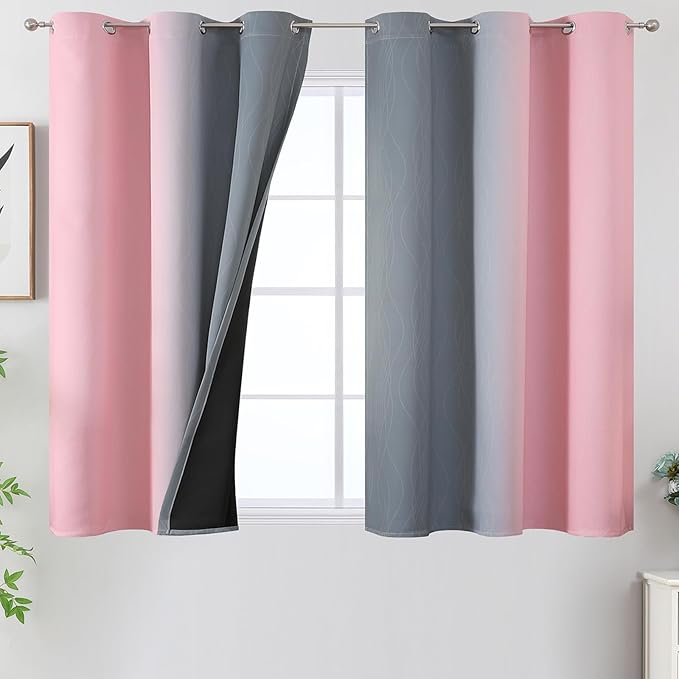 Pink and Grey Blackout Curtains 45 inches Long,Ombre Full Room Darkening Window Curtains for Living Room,Grommet Thermal Insulated Drapes,Light Blocking Curtains for Girls Bedroom,42x45 Inch, 2 Panels