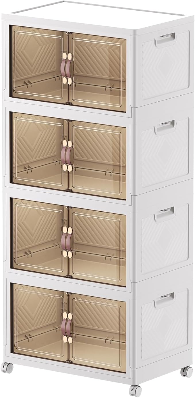 76 Gal Stackable Storage Bins with Lids and Double Doors Plastic 4 Tier Storage Box Collapsible Organizer with Wheels Large Folding Storage Containers for Home Organization 4 Pack 19gal x 4