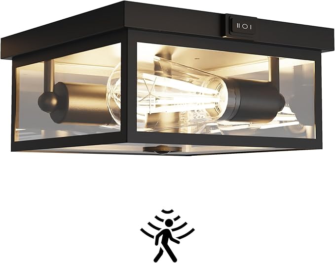 Outdoor Ceiling Light with Motion Sensor, Flush Mount Porch Light, Exterior Light Fixture with Clear Glass, Dusk to Dawn 2-Light Fixture for Patio,Porch (8.5 in)
