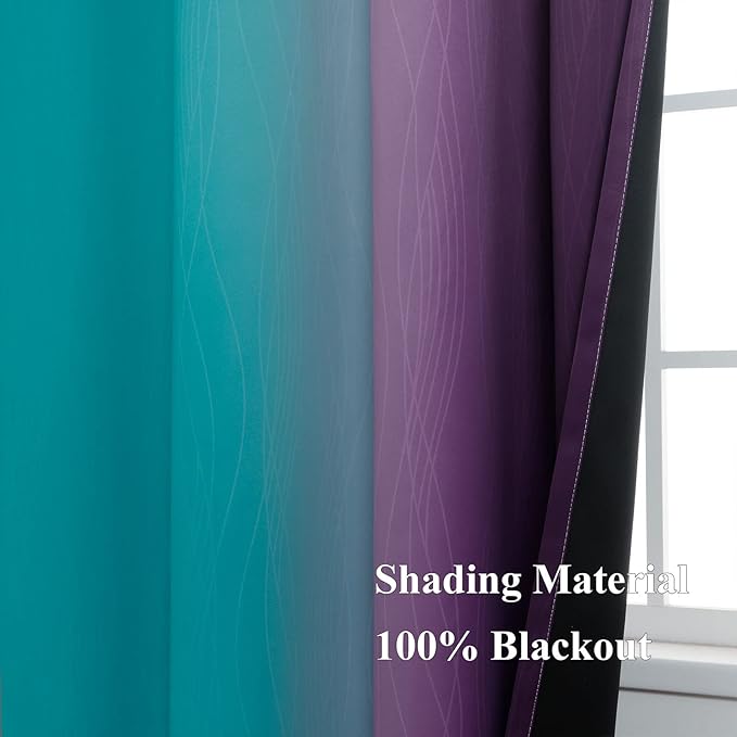 Estelar Textiler Teal and Purple Ombre Blackout Curtains 96 Inches Long 2 Panels for Living Room, Grommet Thermal Insulated Gradient Drapes, Full Light Blocking Curtains for Bedroom, 42x96 Inch