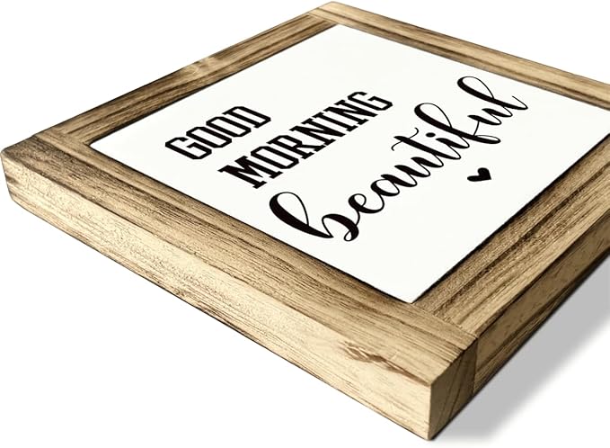 Good Morning Beautiful Sign, Couple's Greeting Signs Decor, Decorative Wooden Box Sign, Farmhouse Desk Signs, Sweet Home Decor for Bedroom, Romantic Gift for Girlfriend Wife, 5.9×5.9 inches