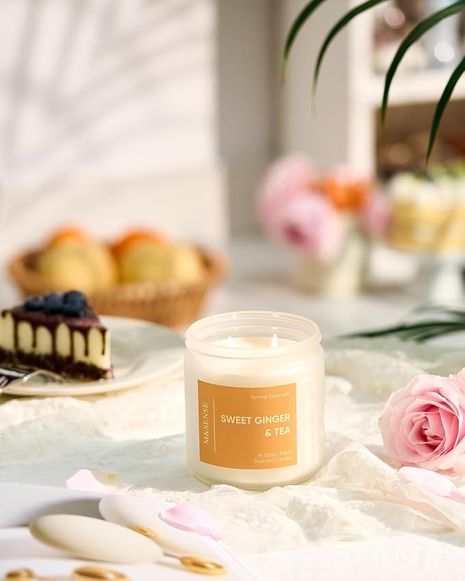 M&SENSE Sweet Ginger Tea Scented Candle - 11.6oz Natural Soy Non Toxic Candle 70-Hour Burn Time, 2 Wick Aromatherapy Housewarming Gifts for Home Decor & Women Men