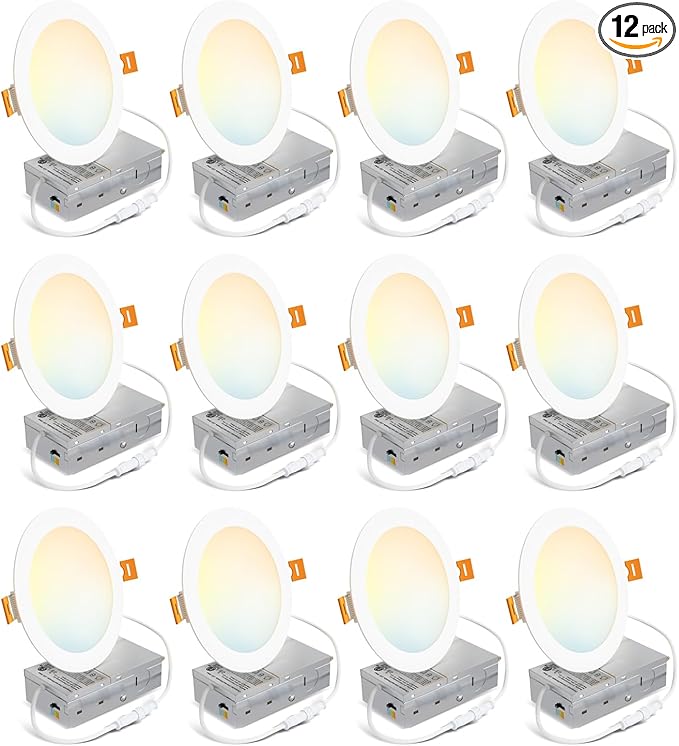 LVWIT 12 Pack Recessed Lighting 6 Inch with Junction Box, Ultra-Thin Dimmable 1200LM 2700K-5000K Wafer Downlight, Canless Smooth Trim LED Ceiling Light with ETL,FCC&IC