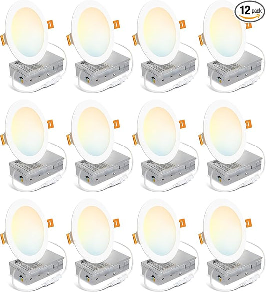 LVWIT 12 Pack Recessed Lighting 6 Inch with Junction Box, Ultra-Thin Dimmable 1200LM 2700K-5000K Wafer Downlight, Canless Smooth Trim LED Ceiling Light with ETL,FCC&IC