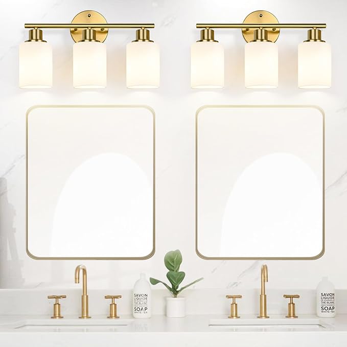 3-Light Bathroom Light Fixtures, Brushed Gold Vanity Light, Farmhouse Wall Lights with Milky White Frosted Glass Shades, Bathroom Wall Lamp for Mirror Kitchen Bedroom Hallway Living Room