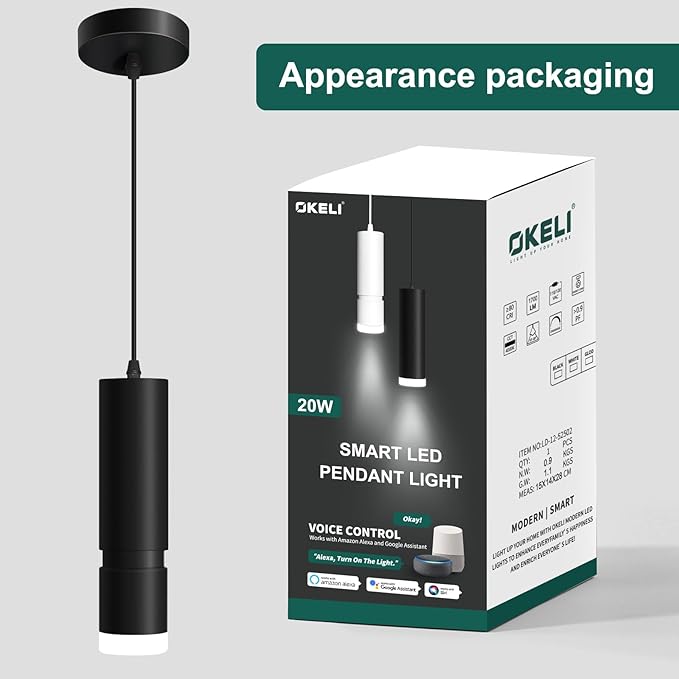 OKELI Pendant Light Smart, Modern Black Pendant Lights Fixture, Dimmable Unique LED Pendant Lighting for Kitchen Island,20W,2700-6000K, ETL(1Pack)