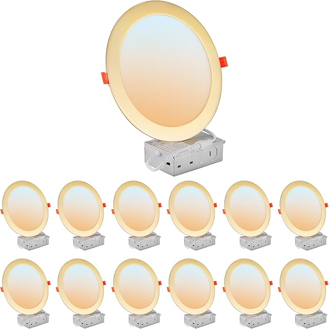DLLT LED Recessed Ceiling Lights: 12 Pack 8 Inch 5CCT Ultra-Thin Lighting with Junction Box for Bedroom - 1800LM Brightness 18W Eqv 170W Dimmable Canless Wafer Downlight with ETL&FCC-Gold