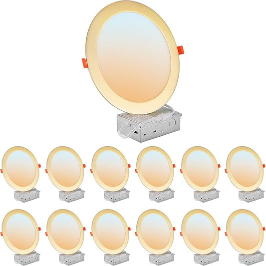 DLLT LED Recessed Ceiling Lights: 12 Pack 8 Inch 5CCT Ultra-Thin Lighting with Junction Box for Bedroom - 1800LM Brightness 18W Eqv 170W Dimmable Canless Wafer Downlight with ETL&FCC-Gold