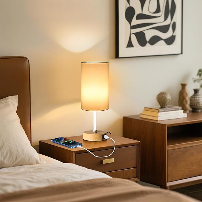 Unicozin Small Table Lamp, 3CCT & 7 RGB Color Changing, Dimmable Nightstand Lamp with Wood Grain Base, Touch Bedsides Lamp for Bedroom, Office, Kids Room, Nursery, Party, White Shade