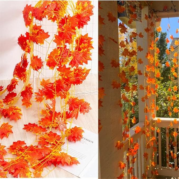 Sggvecsy 12 Pack 92Ft Fall Leaf Garland Artificial Maple Leaves Silk Autumn Hanging Vines Red Ivy Garland for Thanksgiving Home Wedding Party Garden Fireplace Christmas Decor
