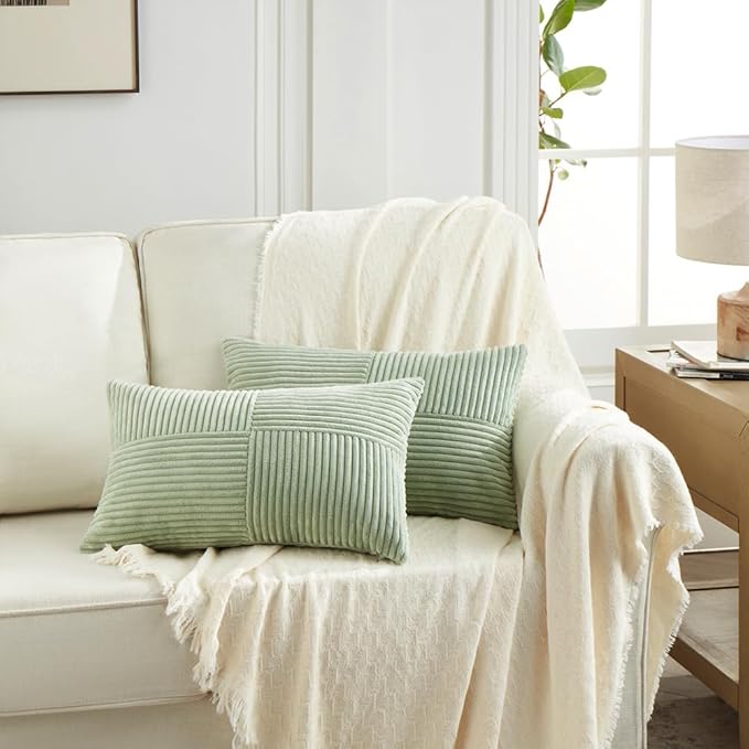Fancy Homi 4 Packs Sage Green Lumbar Decorative Throw Pillow Covers 12x20 Inch for Living Room Couch Bed, Rustic Farmhouse Boho Home Decor, Soft Striped Corduroy Rectangle Accent Cushion Case 30x50 cm