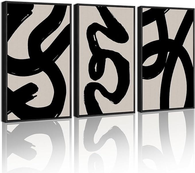 KUVIOKE Black Abstract Framed Wall Art Ink Wash Minimalist Lines Painting Artwork for Bedroom Living Room Hallway Decor Ready to Hang 16x24in (Black Framed)