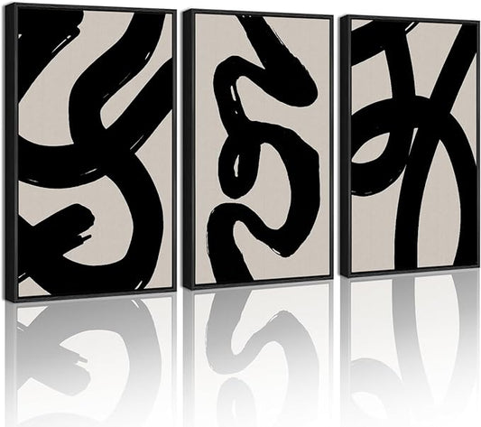 KUVIOKE Black Abstract Framed Wall Art Ink Wash Minimalist Lines Painting Artwork for Bedroom Living Room Hallway Decor Ready to Hang 16x24in (Black Framed)