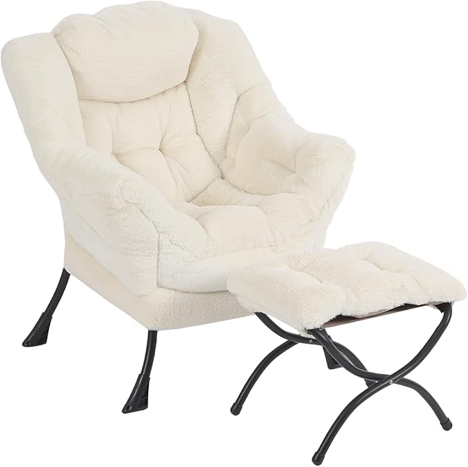 Lazy Chair with Ottoman, Modern Chair with Folding Footrest, Lounge Accent Chair, Comfortable Reading Chair for Bedroom, Study, Living Room, Courtyard (Plush Beige)