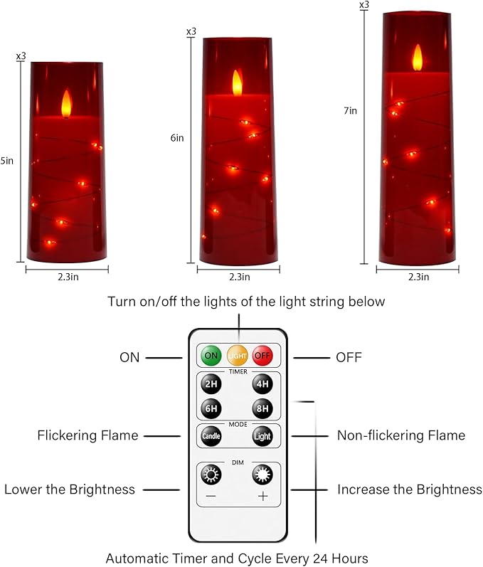 Flameless LED Candles with Timer 9 Pc Flickering Flameless Candles for Romantic Ambiance and Home Decoration Stable Acrylic Shell,with Embedded Star String，Battery Operated Candles（Red）