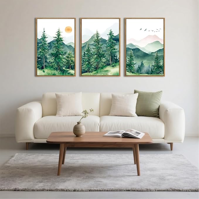 ANHUIB Extra Large Forest Wall Art Green Mountain Wall Decor Set of 3 for Living Room Bedroom Dining Room 24x36 Inch