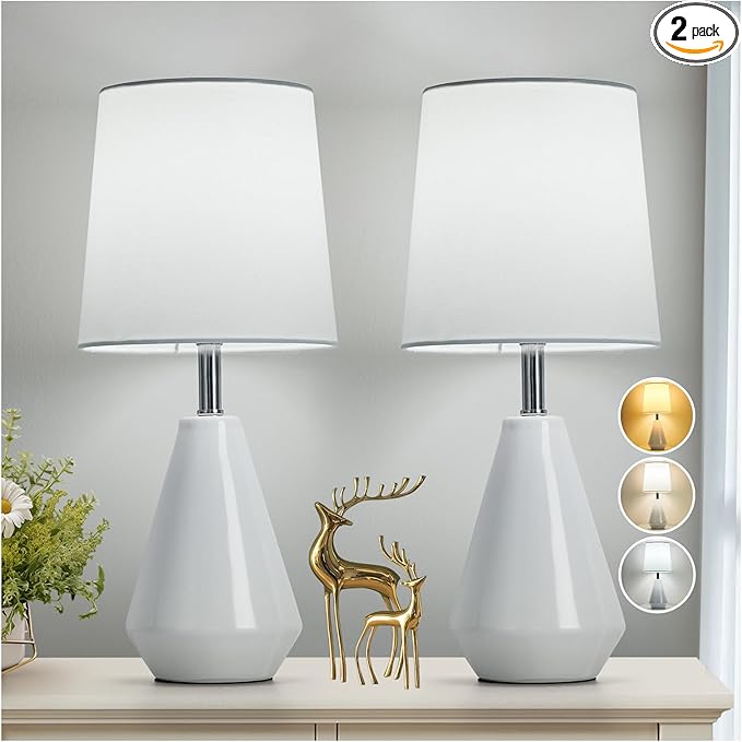 Small Bedside Table Lamp for Bedroom-Reading Desk Lamp Set of 2,with 3 Color Temperatures,15.5" Nightstand Ceramic Lamp with Fabric Shade for Kids Room,Living Room,Dorm,Home Office(White)