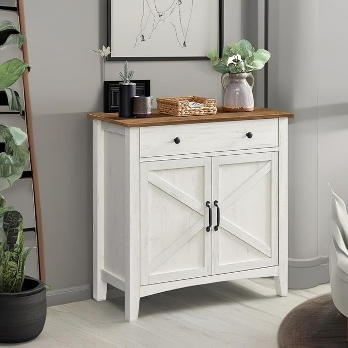 VASAGLE LIRY Collection - Buffet Cabinet, Coffee Bar Cabinet with a Drawer, Adjustable Shelf, Sideboard Storage with Cable Hole, Drawer Divider, Rustic White and Honey Brown UBBK341W01